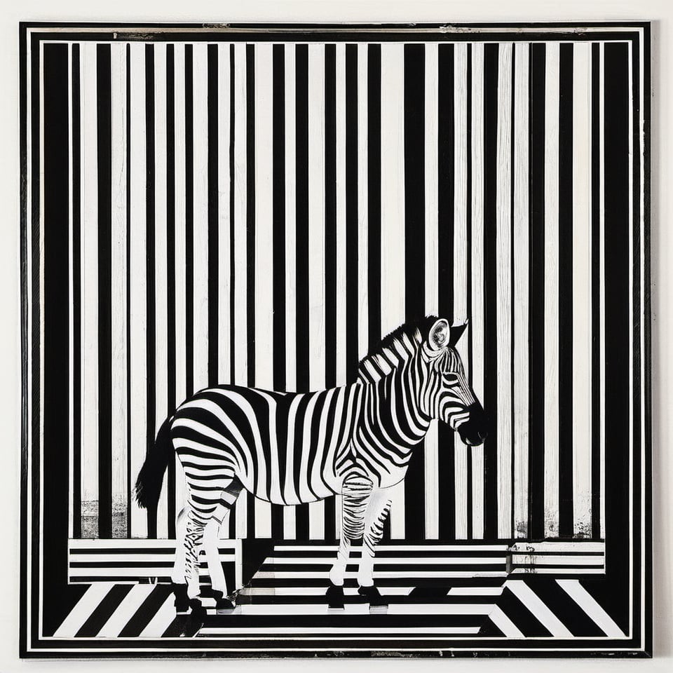 The image depicts a zebra painted to blend with the background. The background is a geometric pattern of black and white stripes, possibly marble, and the painting on the zebra skin mimics this pattern, creating an illusion of the zebra merging with the background. The zebra is lying down with his head tilted back and eyes closed, which gives the scene a serene or contemplative mood. The effect is quite artistic, reminiscent of body art or camouflage art installations where the subject is painted to create a visual continuation of the surrounding patterns or textures.
