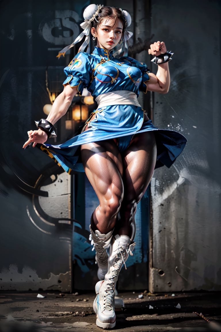 Detailedeyes,  Detailedface,  More Detail,  Realism,  Photorealism, 
1girl,  solo,  woman,  30yo,  (chun li, chun-li), pussy gape, nude beauty, chinese, toned, thick,

((blue dress, short_sleeves, exposed breast and pussy, spiked bracelet, sash, brown pantyhose), white laceup boots)),

{(hourglass_figure, small_breasts:1.6, small breasts:1.4, voluptuous,  curvy_figure,  curvaceous),  (athletic,  muscular:1.4,  abs, muscular arms:1.2,  muscular legs:1.6)},
{(brown eyes,  bright_pupils),  makeup,  lips,  lipstick,  moist_skin}, pussy gape
 
{(brown hair, short hair, (double bun), bun cover)}, 

{kung-fu},

{(background,  kung-fu dojo, tatami_mats, blurry)},  (beautiful_face:1.5),  (full_body:1.6),  (masterpiece,  best quality:1.4)