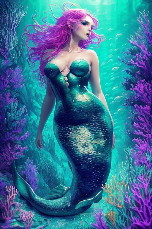 Create a visually striking image of a curvaceous mermaid shrouded in coral, with hints of runic symbols. Use a bold color scheme, blending deep purples, blues and mysterious greens to evoke a sense of intrigue and intellectual depth fantasy blending with realism and whimsy punk ethereal bioluminescence surreal  