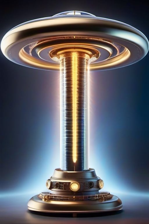 
The primary subject is a starship resembling a Tesla coil, which has a spherical shape that is slightly elongated. The starship has several tendril-like features hanging from it. This depiction is a photograph that captures the intricate details of the starship. The image showcases the starship's sleek design and modern technology, with its metallic surface shining under the light. The tendrils are depicted in a lifelike manner, with dynamic movement and delicate wisps. The overall image quality is exceptional, capturing every fine detail with clarity and precision.