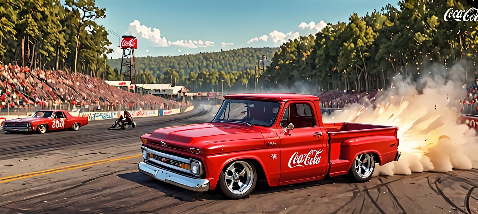 ( Coca Cola red 1966 Chevrolet C10 redesigned by Bob Riggle ), Generate an image of a Chevrolet C10 tearing down a drag strip, and the bystanders as the epic backdrop. The truck’s classic styling and the dynamic forest setting should evoke a sense of speed and adrenaline. best quality, realistic, photography, highly detailed, 8K, HDR, photorealism, naturalistic, lifelike, raw photo,H effect,real_booster,Comic Book-Style 2d