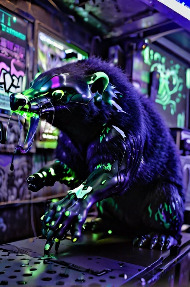 A Black, purple ,green, and blue undertone Punisher anamorphic with a Honey Badger  biomechanically controlled. hyper futuristic pulp style in Tokyo, smoke, night-time, in Tokyo city, hyperrealism, thunderstorm, hyperrealism, long shot, motion blur bioluminescent punk 