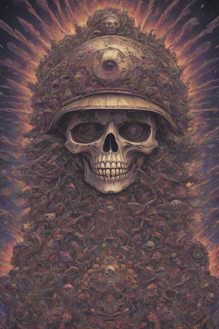 A psycheddelic poster with a skull wearing a military helmet with guns all around and bullets, rendered in a trippy and colorful style that will catch the eye.