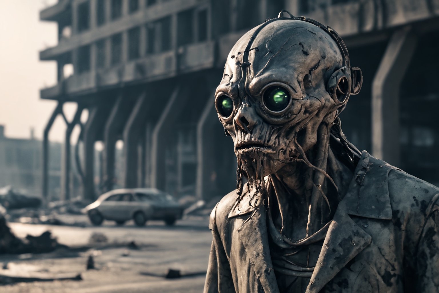 Closeup photo of a sad old alien in a destroyed city after a nuclearblast on the horizon, smoke, destruction fire, natural light