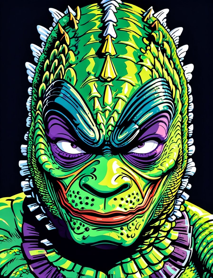 head and shoulders portrait, (creature from the black lagoon:1.5) creature warrior, green, purple, and blue colorful, symmetrical precise detail, symmetrical features, (flat silkscreen:1.5) , wearing mask, pastel-color, creative, dark flat color background ,oni style