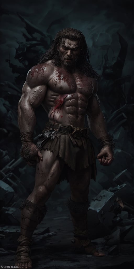 A menacing Charles "the Hammer" Martel, exuding power and aggression in every detail: his muscular frame adorned with battle scars, a fierce expression etched into his hardened face, and a bloodied warhammer clenched in his hand. This striking image is a vivid painting capturing the intensity of a fearless warrior in the midst of combat. The rich colors and intricate brushwork bring Martel to life with unparalleled realism, making it a masterpiece that demands attention and admiration.