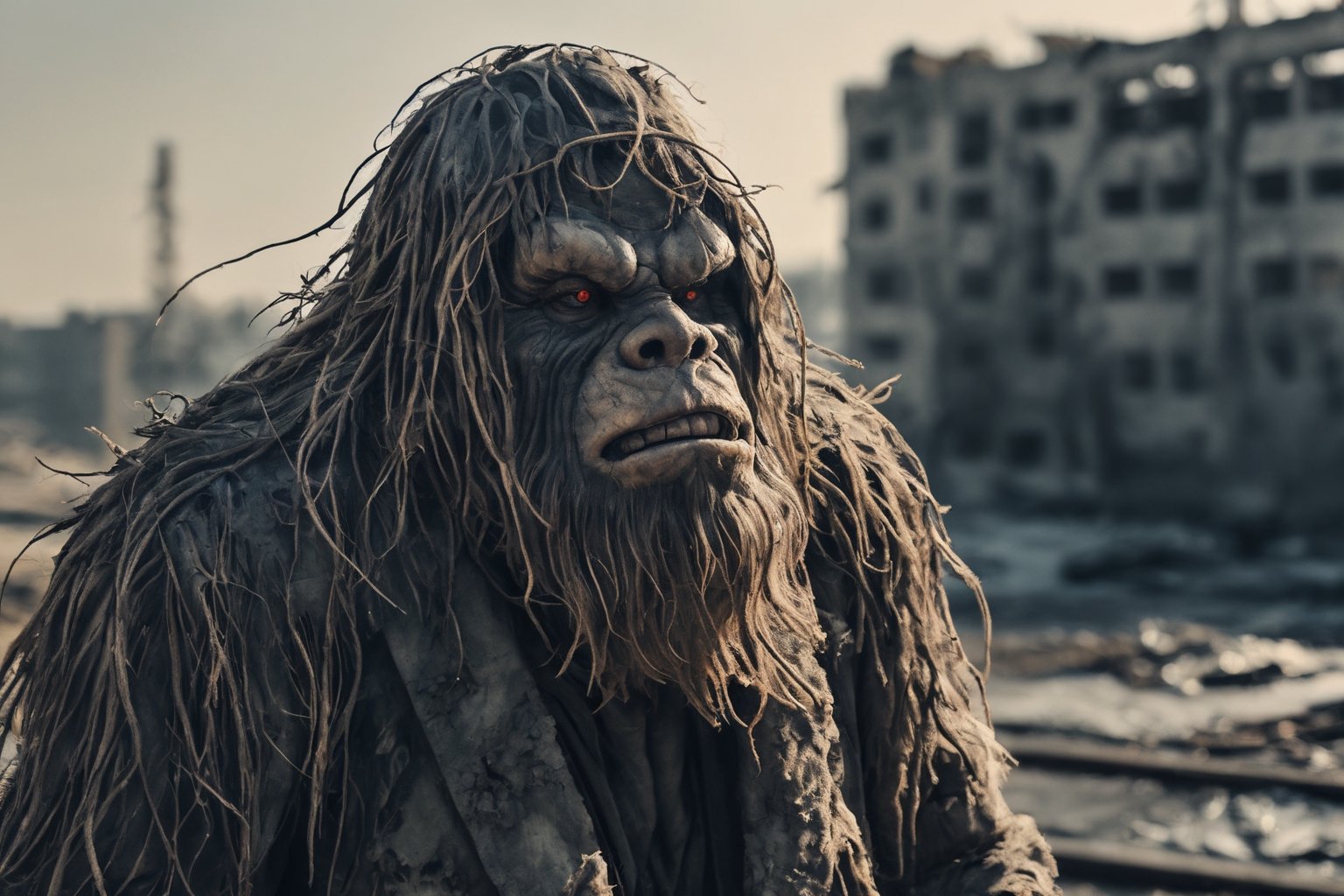 Closeup photo of a sad old Sasquatch in a destroyed city after a nuclearblast on the horizon, smoke, destruction fire, natural light