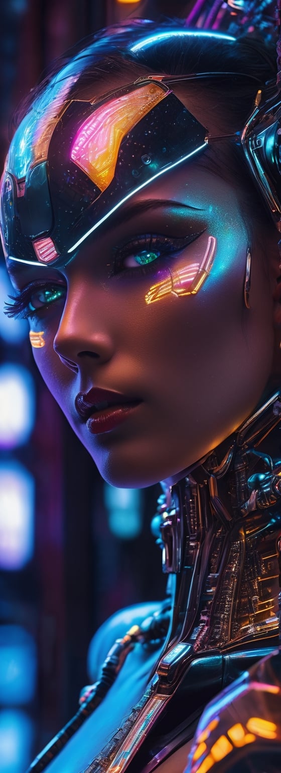 A close-up shot of a sensual Atompunk girl, showcasing her cybernetic enhancements and alluring beauty. Her metallic skin glistens under the soft glow of neon lights, and her eyes sparkle with an otherworldly allure. The image is captured in a vibrant, hyper-realistic style, reminiscent of the works of Simone Legno and Hiroto Mori