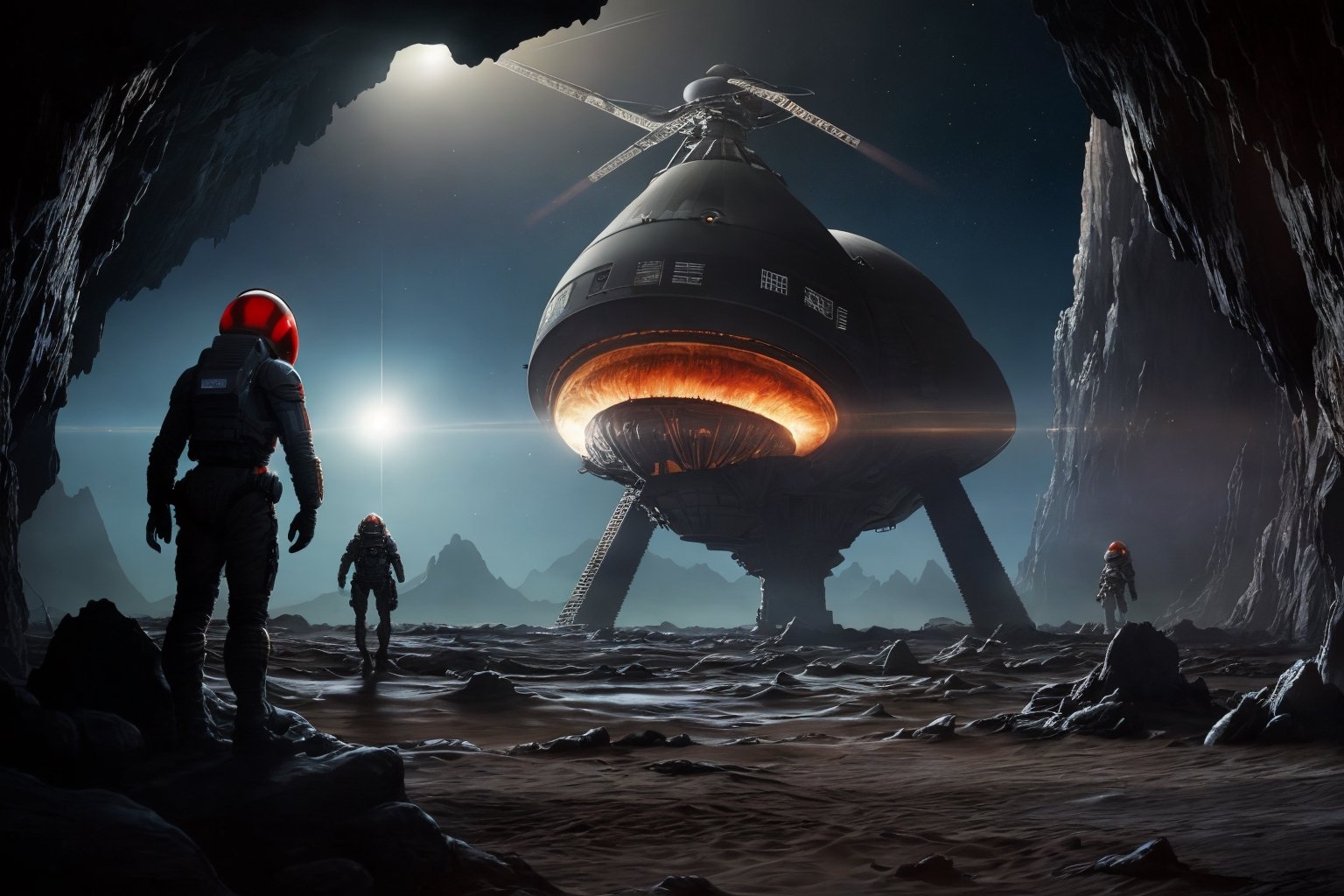 
Create a pulp sci-fi style scene where a Martian planet alien creature emerges from a cave, gazing up at the sky as a large space craft descends towards the planet. The creature, defenseless against the advanced technology of the spacecraft, watches as savage men from aboard the craft prepare to land. Capture the sense of wonder, fear, and impending conflict in this scene.