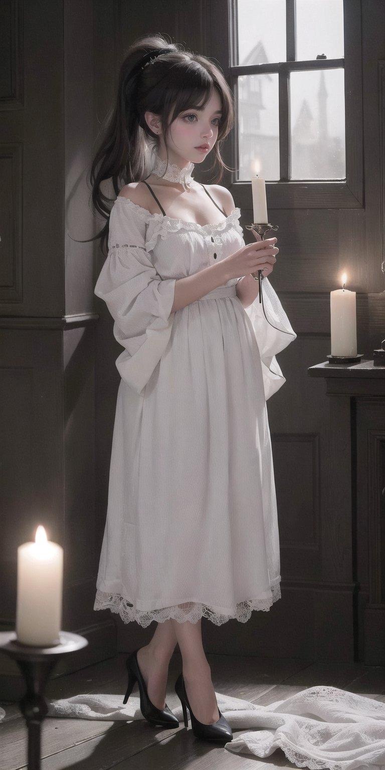 ((top quality)), ((masterpiece)), full body image of a young vampire woman, (( in a old and dark house, holding a candelabra with candles)) gothic woman, very pale, dark shadow around his eyes, black old lace clothes with intrincate details, black long hair collected in a ponytail , intricate details, highly detailed light brown eyes, highly detailed mouth, cinematic image, illuminated by soft light,photo of perfecteyes eyes