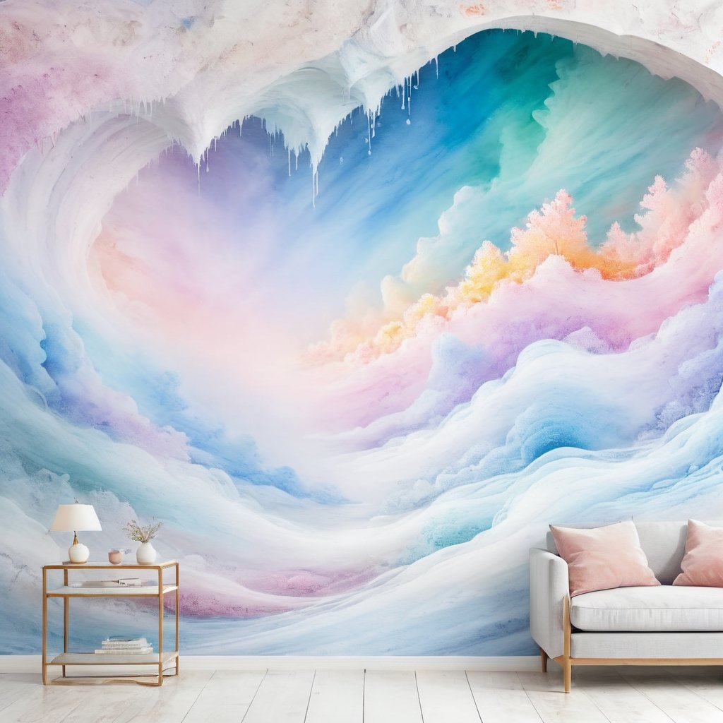 (A moment of pastel-colored powder explosion is captured in stunning detail, frozen in time with a super long exposure and slow cave wall painting shutter photography technique) (In the foreground, the vibrant and delicate powder bursts in every direction, creating an ethereal effect) ((Behind this dynamic display, a wall features an image that echoes the explosion, itself bursting into life with multi-colored pastel powders resembling a jellyfish hovering in water)) (((cave wall painting The composition showcases a harmonious blend of delicate pastel colors, creating a sense of depth and texture))) (Lighting is meticulously balanced to accentuate the pastel hues and the fine details of the powder's movement) (The overall atmosphere of the image conveys a serene yet dynamic beauty, capturing the juxtaposition of movement and stillness)cave wall painting 