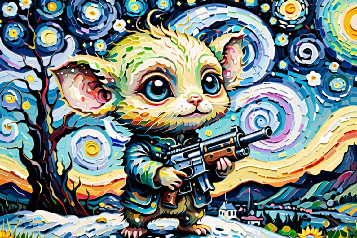 a hungry cute little alien holding a rat gun, Masterpiece, Top Quality, Super Detailed Wallpaper, Turner features high quality, detailed cosmic colors of Vincent van Gogh's Starry Night, colorful swirls reflecting a touch of atmosphere and blurring the line with reality.  Fantasy and snow falling in the sky,
 petite build,chibi emote style, bright colors, 