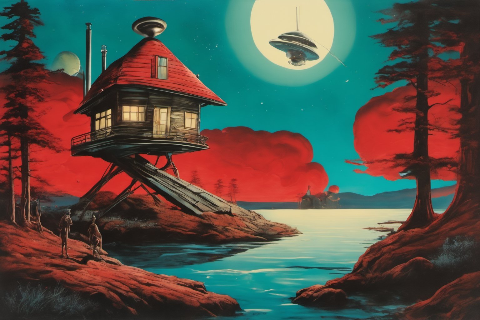Sketch in liquid metallic ink of a peaceful scene of several aliens surrounding a cabin in the woods. The aliens have different colors and are tall. In the background,

a red lighthouse stands out from the rest of the landscape. The image creates a feeling of tranquility and harmony,

((creation of SALVADOR DALI)),

Masterpiece of surrealism, creation of great pictorial beauty,in the style of LeCinematique