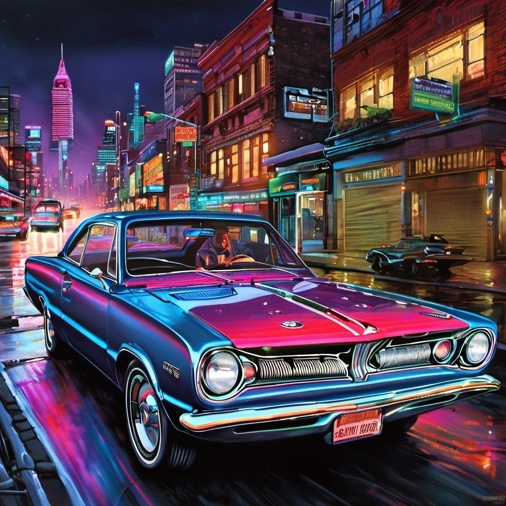 Generate a photorealistic depiction of a 1965 Plymouth Barracuda speeding through a futuristic cityscape at night. Imagine vibrant neon lights reflecting off sleek, polished surfaces as the car races through illuminated streets. Capture the dynamic energy and sense of motion, blending realism with a touch of sci-fi flair.