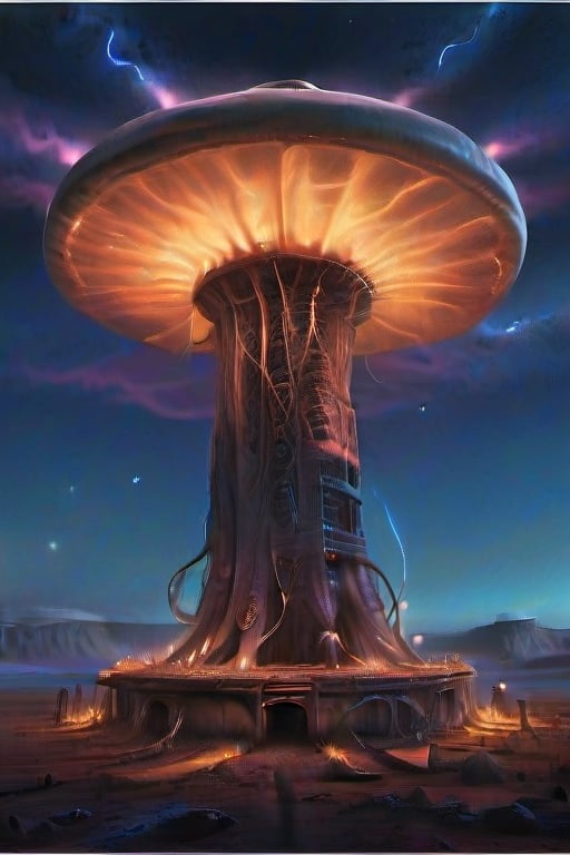 
The primary subject is a starship resembling a Tesla coil, which has a spherical shape that is slightly elongated. The starship has several tendril-like features hanging from it. This depiction is a photograph that captures the intricate details of the starship. The image showcases the starship's sleek design and modern technology, with its metallic surface shining under the light. The tendrils are depicted in a lifelike manner, with dynamic movement and delicate wisps. The overall image quality is exceptional, capturing every fine detail with clarity and precision.