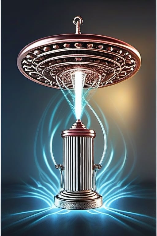 
The primary subject is a starship resembling a Tesla coil, which has a spherical shape that is slightly elongated. The starship has several tendril-like features hanging from it. This depiction is a photograph that captures the intricate details of the starship. The image showcases the starship's sleek design and modern technology, with its metallic surface shining under the light. The tendrils are depicted in a lifelike manner, with dynamic movement and delicate wisps. The overall image quality is exceptional, capturing every fine detail with clarity and precision.