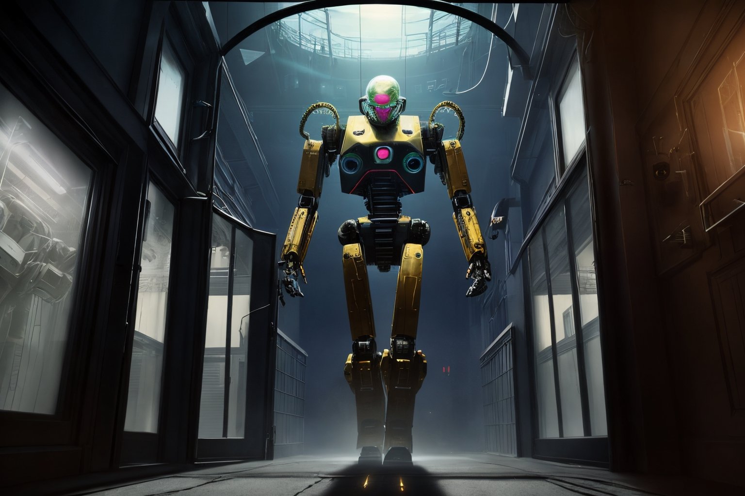 In a mysterious ethereal scene where a monstrous alien with a brain-like appearance and tentacle arms is operating the controls of a humanoid giant robot through a glass screen in its belly. The giant robot, controlled by the alien, is walking into an alleyway, creating a sense of mystery and intrigue.
