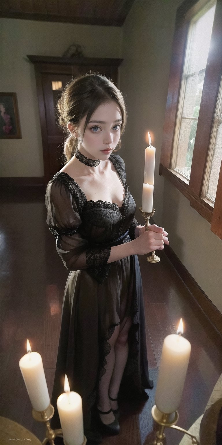 ((top quality)), ((masterpiece)), full body image of a young vampire woman, (( in a old and dark house, holding a candelabra with candles)) gothic woman, very pale, dark shadow around his eyes, black old lace clothes with intrincate details, black long hair collected in a ponytail , intricate details, highly detailed light brown eyes, highly detailed mouth, cinematic image, illuminated by soft light,photo of perfecteyes eyes