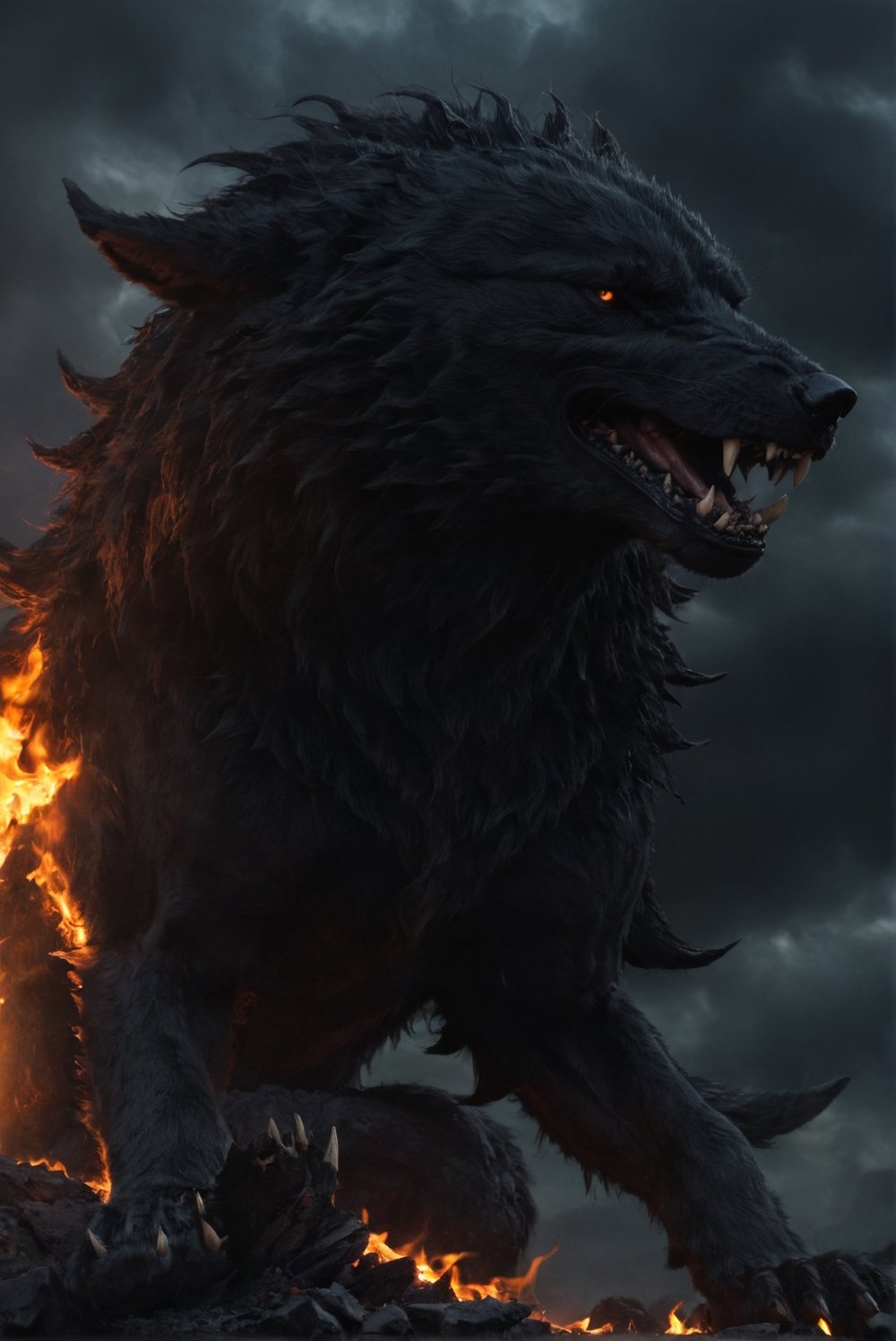 Colossal infernal Fenrir, very large and sinister. Terrifying. Mega angry. Dark and stormy background. Very detailed. Firestorm behind.