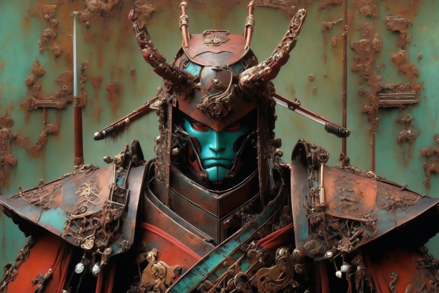 Envision a futuristic traditional Japanese Gothic mecha samurai, where elegant mecha and samurai intertwine with the dark allure of Gothic elements creating a patina and rusty color and armor. Picture elaborate detail in deep, rich colors adorned with ornate ancient Japanese samurai symbolism. . Intricate traditional samurai Yakuza with gothic motifs,
The color palette leans towards deep purples, blacks, and blood-reds, creating a striking contrast diffuse. dramatic eye makeup complete the look,