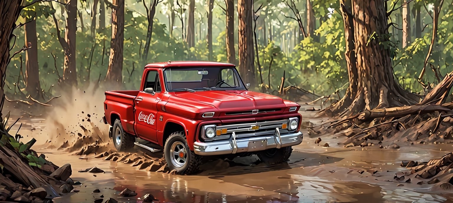 (1 truck, Coca Cola red 1966 Chevrolet C10 redesigned by Yenko ), Generate an image of a Chevrolet C10 tearing through a dense forest during a rally race, with mud splattering, leaves flying, and the vibrant greenery as the epic backdrop. The truck’s classic styling and the dynamic forest setting should evoke a sense of speed and adrenaline. best quality, realistic, photography, highly detailed, 8K, HDR, photorealism, naturalistic, lifelike, raw photo,H effect,real_booster,Comic Book-Style 2d