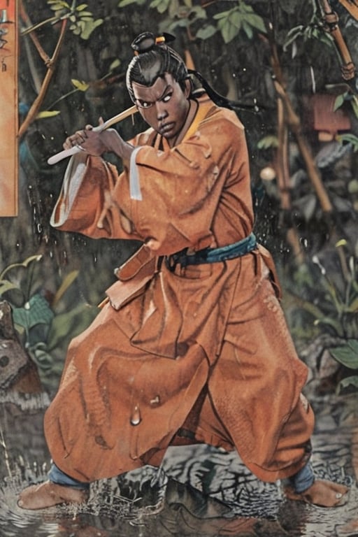 Shaolin Monk, Action, dynamic, under the rain, fighting_stance, fighting, dynamis angle, dynamic pose, wearing a burnt orange traditional robe, black theme, (((dark skin))), (masterpiece, best quality), serious, huge Bo staff, hyper realistic fine tuned manga illustration, inspiration from 座頭市, shintaro katsu,  ,stalker