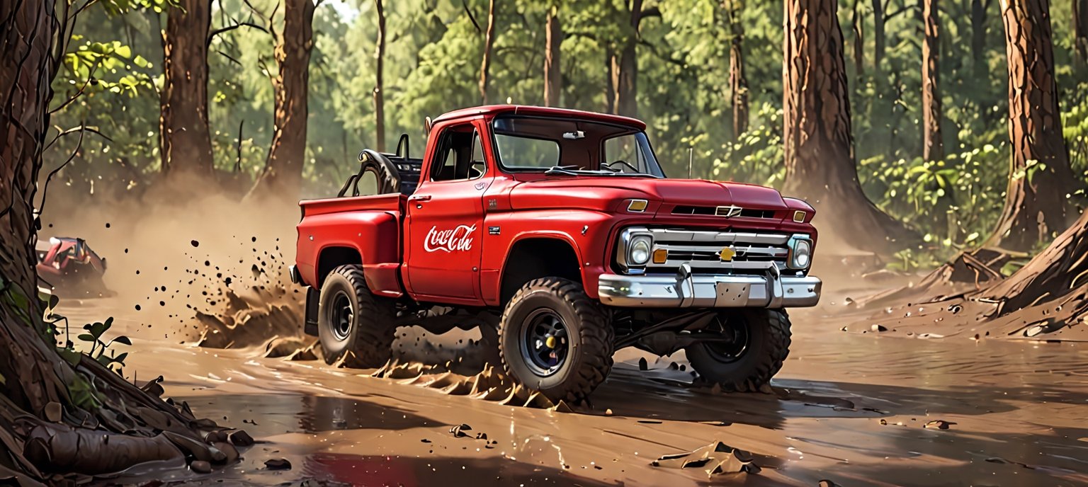 (1 truck, Coca Cola red 1966 Chevrolet C10 stepside pickup truck redesigned by Mickey Thompson), Generate an image of a Chevrolet C10 tearing through a dense forest during a rally race, with mud splattering, leaves flying, and the vibrant greenery as the epic backdrop. The truck’s classic styling and the dynamic forest setting should evoke a sense of speed and adrenaline. best quality, realistic, photography, highly detailed, 8K, HDR, photorealism, naturalistic, lifelike, raw photo,H effect,real_booster,Comic Book-Style 2d