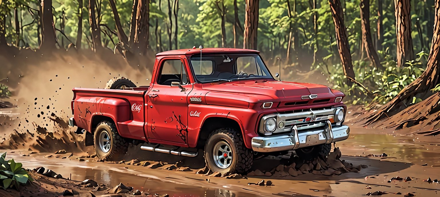 (1 truck, Coca Cola red 1966 Chevrolet C10 stepside pickup truck redesigned by Mickey Thompson), Generate an image of a Chevrolet C10 tearing through a dense forest during a rally race, with mud splattering, leaves flying, and the vibrant greenery as the epic backdrop. The truck’s classic styling and the dynamic forest setting should evoke a sense of speed and adrenaline. best quality, realistic, photography, highly detailed, 8K, HDR, photorealism, naturalistic, lifelike, raw photo,H effect,real_booster,Comic Book-Style 2d