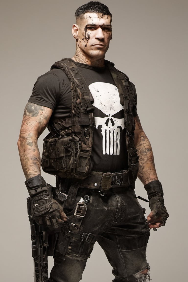 The Punisher, Pulp Horror Comics style, art by brom, tattoo by ed hardy, marine style haircut, neck tattoos andy warhol, heavily toned muscle, biceps,glam gore, horror, blood splatter, traumatic, confidence, military poster style, chequer board