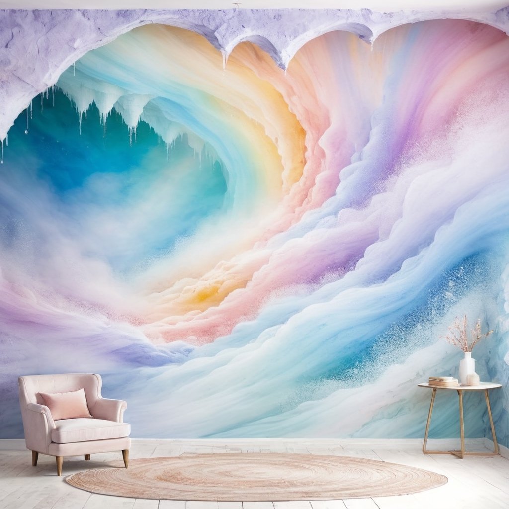 (A moment of pastel-colored powder explosion is captured in stunning detail, frozen in time with a super long exposure and slow cave wall painting shutter photography technique) (In the foreground, the vibrant and delicate powder bursts in every direction, creating an ethereal effect) ((Behind this dynamic display, a wall features an image that echoes the explosion, itself bursting into life with multi-colored pastel powders resembling a jellyfish hovering in water)) (((cave wall painting The composition showcases a harmonious blend of delicate pastel colors, creating a sense of depth and texture))) (Lighting is meticulously balanced to accentuate the pastel hues and the fine details of the powder's movement) (The overall atmosphere of the image conveys a serene yet dynamic beauty, capturing the juxtaposition of movement and stillness)cave wall painting 