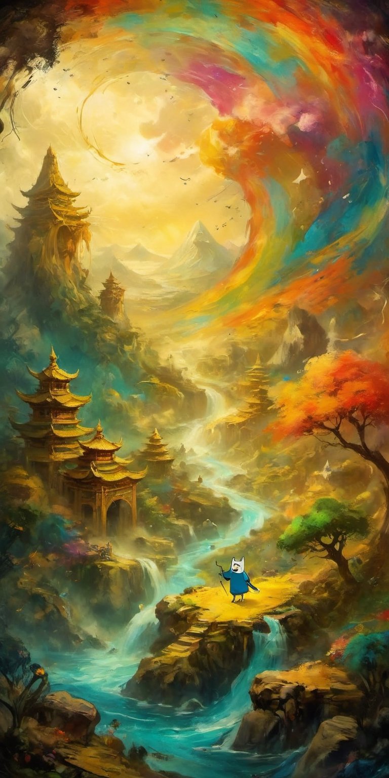 full-body psychedelic picture .Generate hyper realistic image of an ancient scroll featuring an ink wash painting of Adventure Time, surrounded by traditional brushstroke elements, creating an evocative piece reminiscent of classical Asian art, Movie Poster,Movie Poster, sharp focus, intense colors, vibrant colors, chromatic aberration,MoviePosterAF, UHD, 8K,oil paint,painting