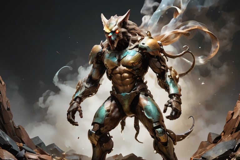 Anthropomorphic alien wolf, bearded, with tentacles, with a scar in his right eye, translucent armor, rusted patina looking fur scales skin, in a battle pose , hide in the dark, with fog and only moonlight in the left side of his body, with wounds and scratches, musculated, Slender, Skinny, full body shot, wide Angle, octane render RTX, render, realistic render, cinematic lighting, muscular body, 