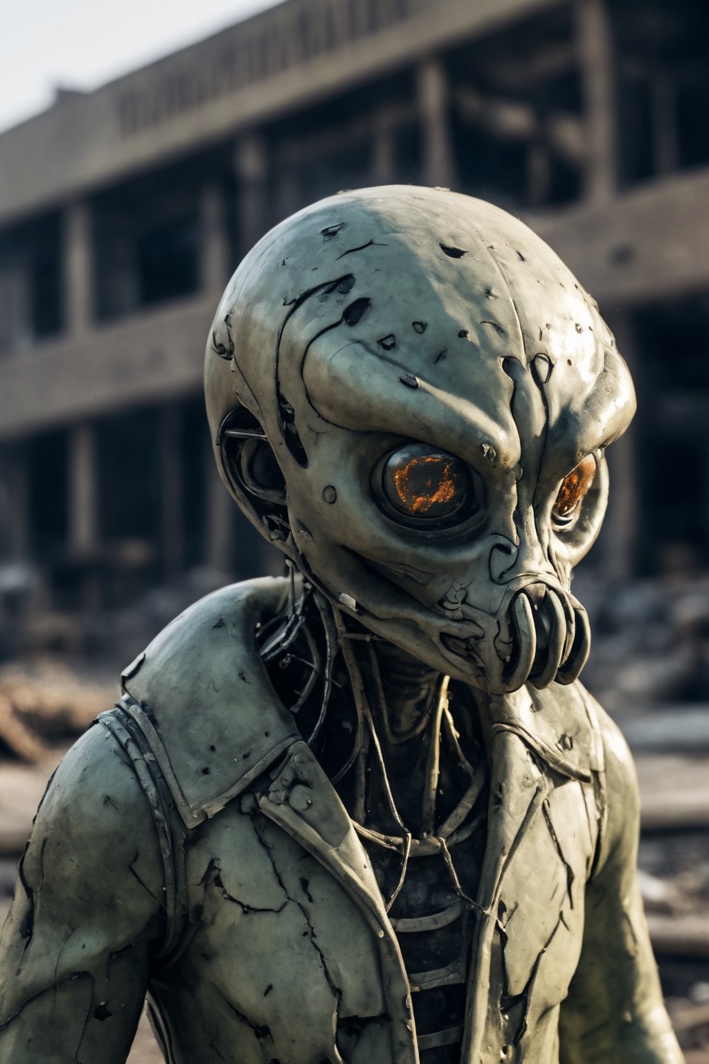 Closeup photo of a sad alien in a destroyed city after a nuclearblast on the horizon, smoke, destruction fire, natural light