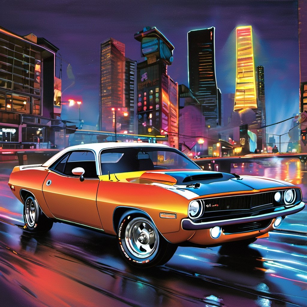 Generate a photorealistic depiction of a 1972 AAR CUDA speeding through a futuristic cityscape at night. Imagine vibrant neon lights reflecting off sleek, polished surfaces as the car races through illuminated streets. Capture the dynamic energy and sense of motion, blending realism with a touch of sci-fi flair.