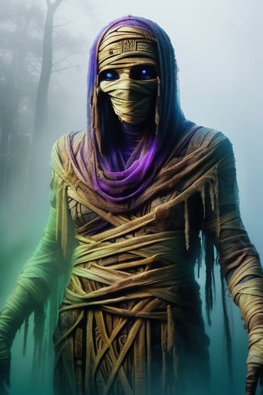 Create a visually striking image featuring a mummy shrouded in mist, with hints of runic symbols and life. Use a bold color scheme, blending deep purples, blues and mysterious greens to evoke a sense of intrigue and intellectual depth fantasy blending with realism and whimsy punk ethereal bioluminescence 