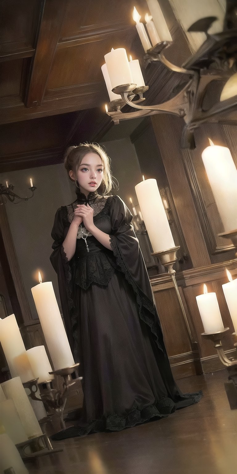 ((top quality)), ((masterpiece)), full body image of a young vampire woman, (( in a old and dark house, holding a candelabra with candles)) gothic woman, very pale, dark shadow around his eyes, black old lace clothes with intrincate details, black long hair collected in a ponytail , intricate details, highly detailed light brown eyes, highly detailed mouth, cinematic image, illuminated by soft light,photo of perfecteyes eyes