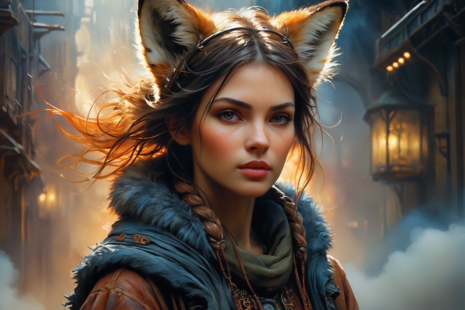 art by Mandy Disher, digital art 8k, Jean-Baptiste Monge style, art by cameron gray, a sttunning female werefox, full body, hyper realistic close up of a beautiful medieval style, dark hair, dynamic pose, complex  background, insanelly detailled, volumetrics clouds, stardust, beautiful look, detailed hair, ultra focus,feminine foxy face,face detailed, 8k resolution, watercolor, razumov style. art by Razumov and Volegov, art by Carne Griffiths and Wadim Kashin rutkowski repin artstation hyperrealism painting concept art of detailed character design matte painting,4 k resolution blade runner, sharp focus, emitting diodes, smoke,artillery,sparks,racks,system unit,motherboard, by pascal blanche rutkowski repin artstation hyperrealism painting concept art of detailed character design matte painting, 4 k resolution , in the style of esao andrews,aesthetic portrait