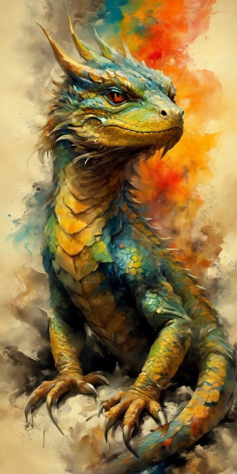 full-body psychedelic picture .Generate hyper realistic image of an ancient scroll featuring an ink wash painting of an animorphic lizard, surrounded by traditional brushstroke elements, creating an evocative piece reminiscent of classical Asian art, Movie Poster,Movie Poster, sharp focus, intense colors, vibrant colors, chromatic aberration,MoviePosterAF, UHD, 8K,oil paint,painting