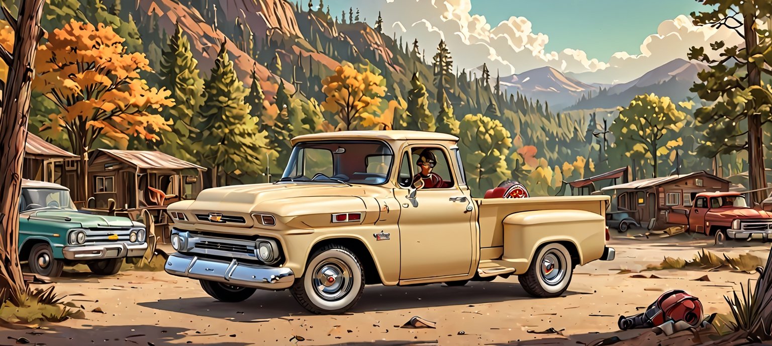 ( cream soda colored 1960’s Chevy pickup truck), Generate an image of a Chevrolet C10 at a drive in theater, and the bystanders as the epic backdrop. The truck’s classic styling and the dynamic forest setting should evoke a sense of speed and adrenaline. best quality, realistic, photography, highly detailed, 8K, HDR, photorealism, naturalistic, lifelike, raw photo,H effect,real_booster,Comic Book-Style 2d
