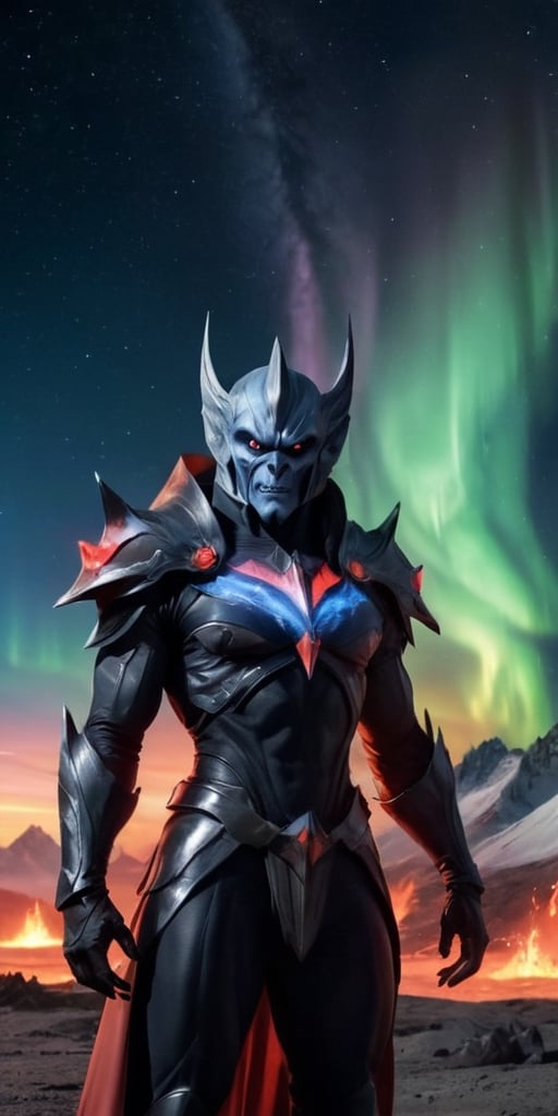 Generate hyper realistic image of Hordak, massive cosmic aurora borealis background ..highly detailed, sharp focus.8k,photography style, ,more detail XL
