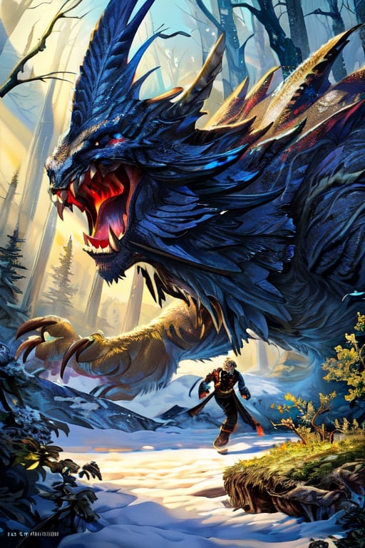 giant saber tooth tiger, roaring with rage, (wondering through snowy forest), sprinting, torn flesh, fantasy magic, dark light night, intricate, elegant, sharp focus, illustration, highly detailed, digital painting, concept art, matte, art by wlop and artgerm and greg rutkowski and alphonse mucha, masterpiece, monster