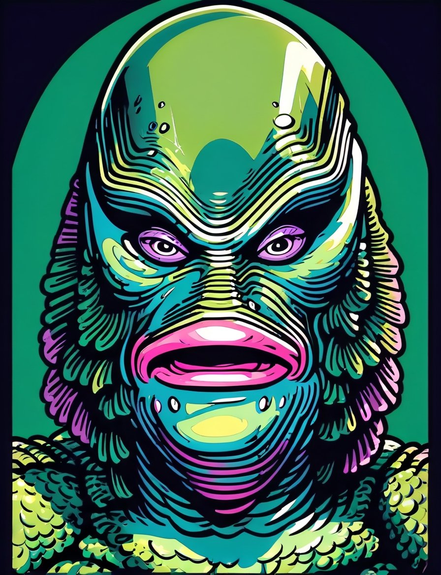 head and shoulders portrait, (creature from the black lagoon:1.5) creature warrior, green, purple, and blue colorful, symmetrical precise detail, symmetrical features, (flat silkscreen:1.5) , wearing mask, pastel-color, creative, dark flat color background ,oni style