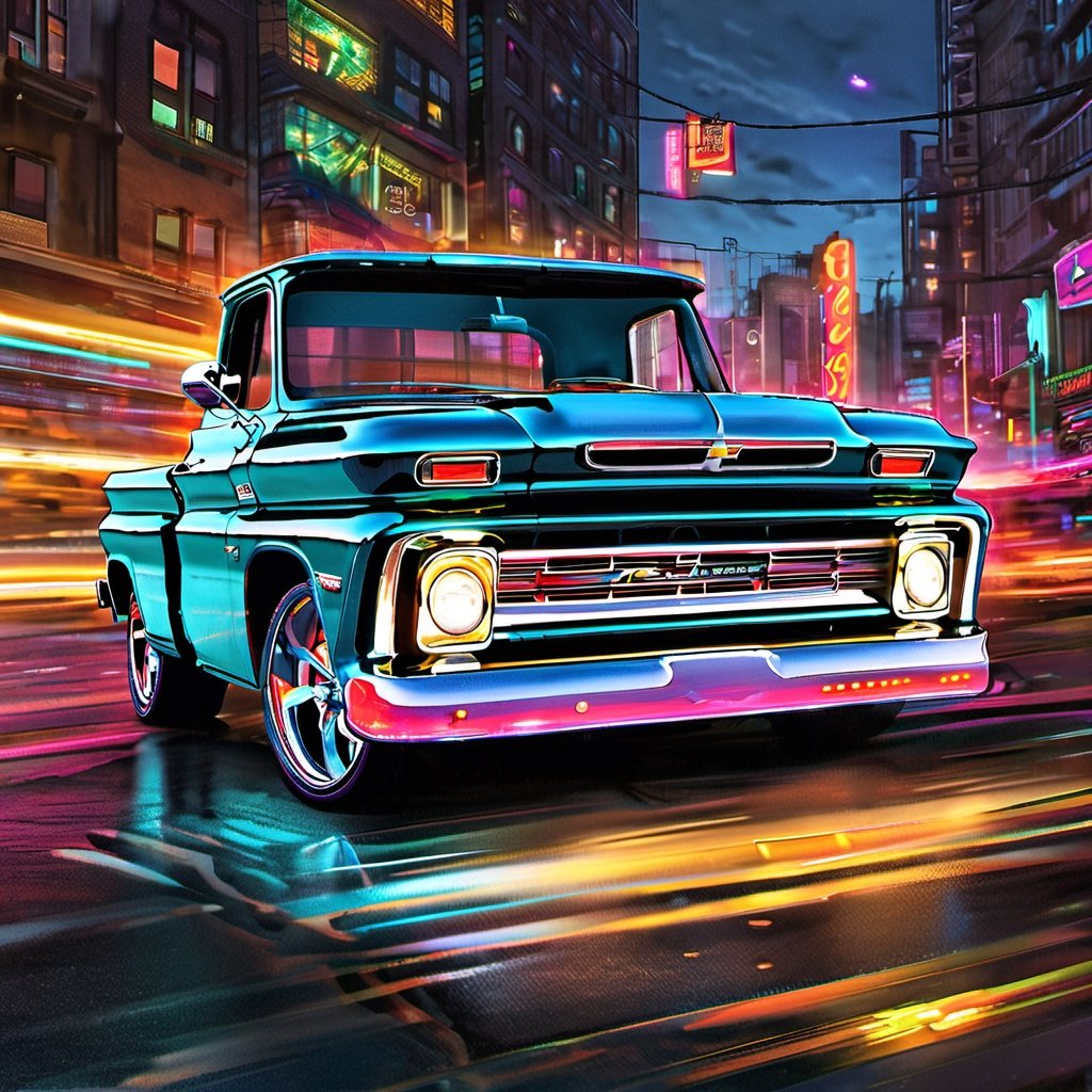 Generate a photorealistic depiction of a 1966 Chevy C10 stepside pickup speeding through a futuristic cityscape at night. Imagine vibrant neon lights reflecting off sleek, polished surfaces as the car races through illuminated streets. Capture the dynamic energy and sense of motion, blending realism with a touch of sci-fi flair.