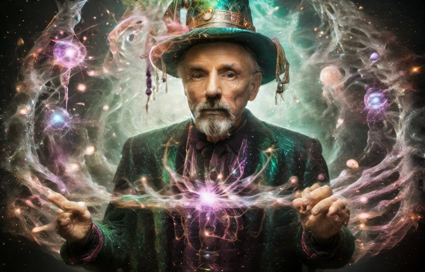 ultra detailed lomography portrait shot of a man who is an old magician ((hair flows beneath a wizard hat. Also wearing a unique robe matching his hat it is the blackest black with undertones of greens, blues, and purples with specks of silver flakes)), wet skin, very mysterious face, water droplets that look bioluminescent, extremely detailed skin texture, (vignette:1.5), grainy texture, old photo, (vintage colors:1.5), shot by Mschiffer