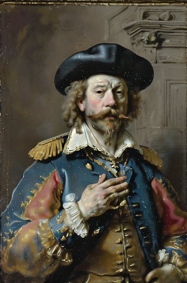 Captain Crunch, the mascot for the cereal, is depicted as a naval captain. He wears a blue captain's hat, a red jacket with gold trim, and a white frilly collar. His mustache and beard are iconic, and he holds a pipe. The character has a distinctive and memorable appearance. dramatic contrasts between light and dark, emotional intensity, tenebrism, soft edges, oil on canvas, realism, Dutch Golden Age, impasto, by Rembrandt van Rijn, by Rembrandt