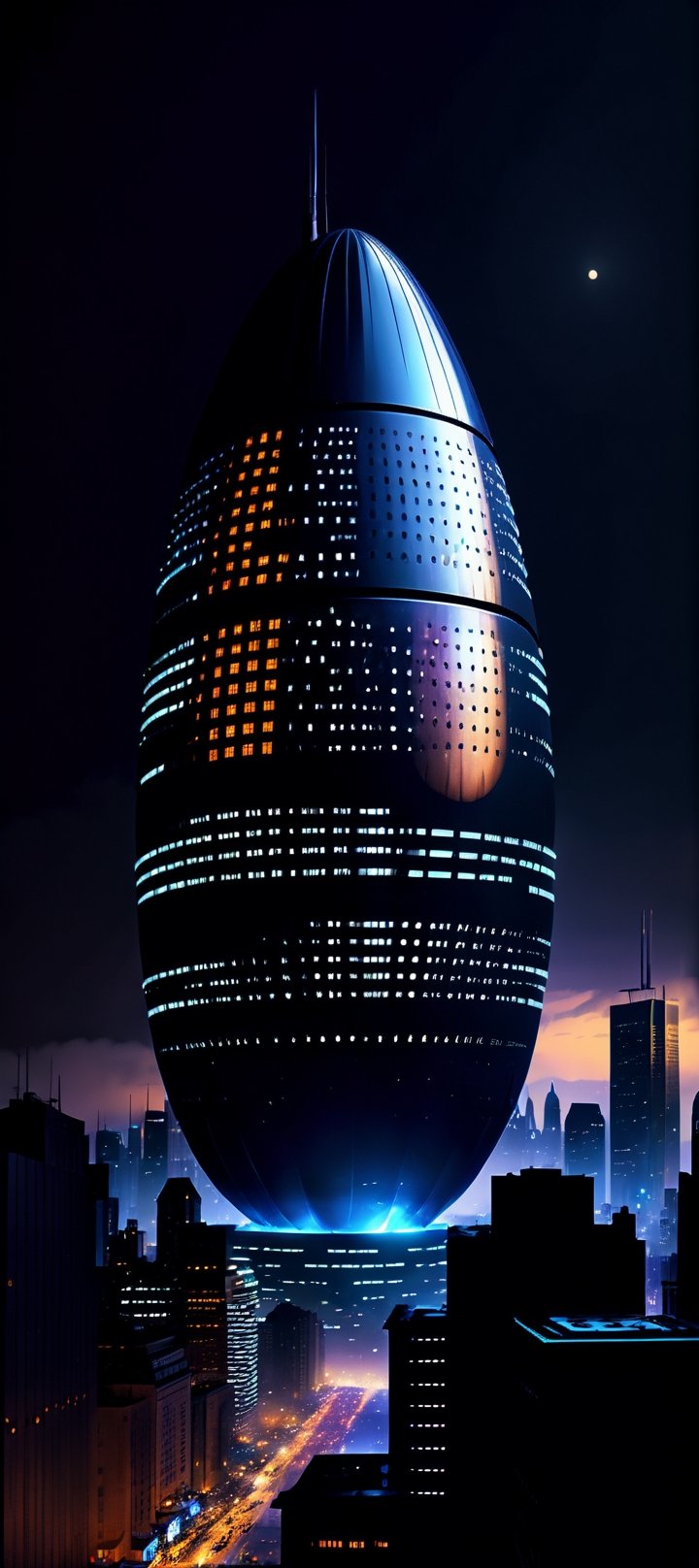 Dark Gerkin egg shaped Skyscraper towering above SciFi cityscape, Cyberpunk, (midnight:1.4), realistic, cinematic lighting, 