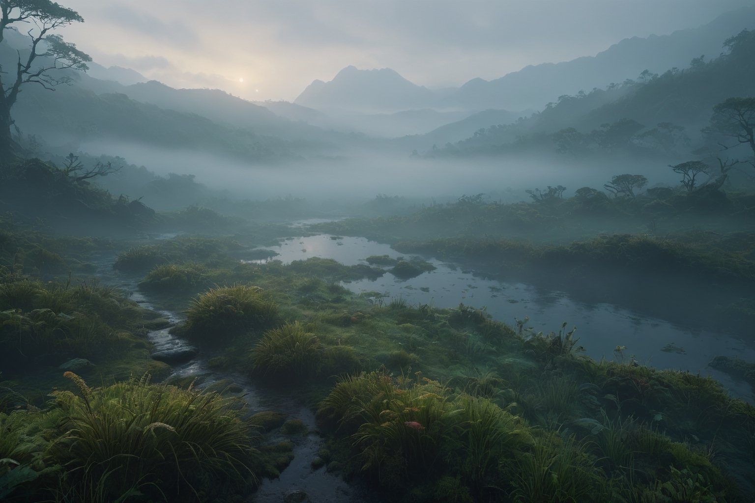  8k, photorealistic, strong outlines, dimly lit fog mist fantasy natural environments, intricate details about one-third depth of field, cinematography scenes, with fog, after-rain scenes from wilderness to a sanctuary 