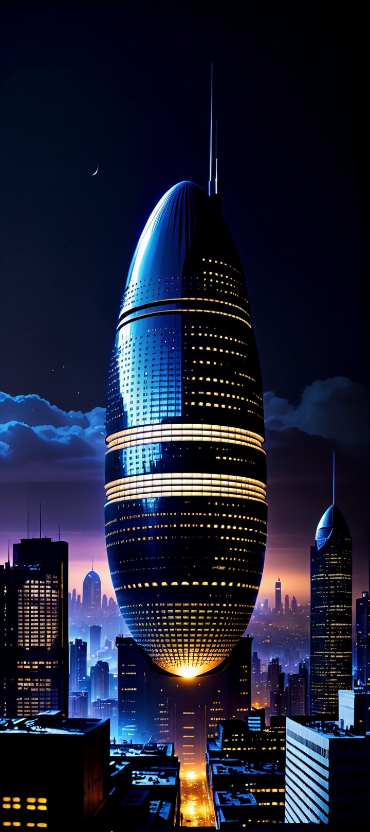 Dark Gerkin egg shaped Skyscraper towering above SciFi cityscape, Cyberpunk, (midnight:1.4), realistic, cinematic lighting, 