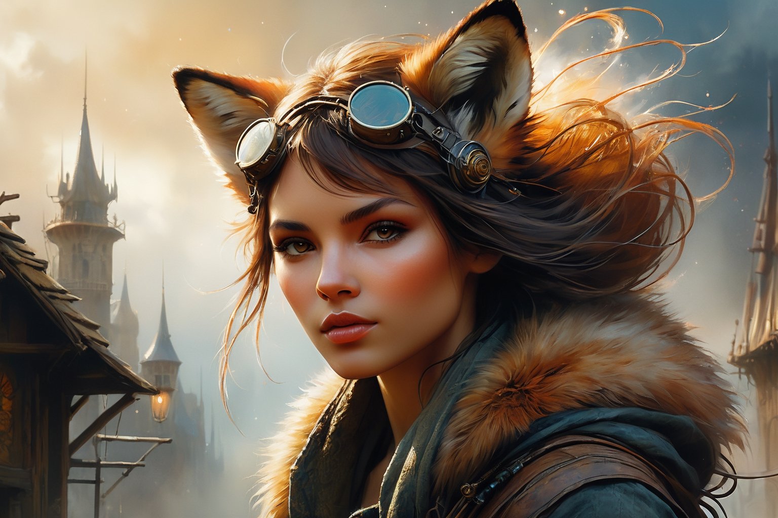 art by Mandy Disher, digital art 8k, Jean-Baptiste Monge style, art by cameron gray, a sttunning female werefox, full body, hyper realistic close up of a beautiful medieval style, dark hair, dynamic pose, complex  background, insanelly detailled, volumetrics clouds, stardust, beautiful look, detailed hair, ultra focus,feminine foxy face,face detailed, 8k resolution, watercolor, razumov style. art by Razumov and Volegov, art by Carne Griffiths and Wadim Kashin rutkowski repin artstation hyperrealism painting concept art of detailed character design matte painting,4 k resolution blade runner, sharp focus, emitting diodes, smoke,artillery,sparks,racks,system unit,motherboard, by pascal blanche rutkowski repin artstation hyperrealism painting concept art of detailed character design matte painting, 4 k resolution , in the style of esao andrews,aesthetic portrait