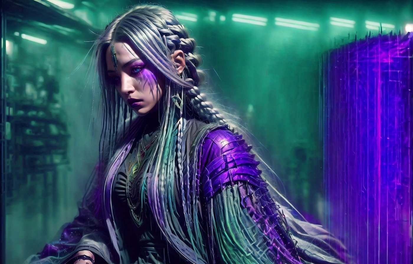 A beautiful sorceress in a unique robe blackest black with undertones of greens, blues, and purples with specks af silver glitter through. The sorceress resembling a Russian woman with very Nordic features with a very long gray blonde braided hair she is striking and mysterious 